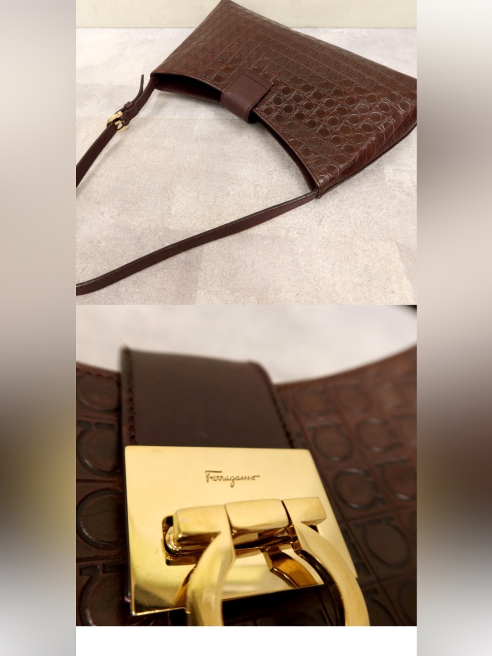 Salvatore Ferragamo Dark Brown Embossed Leather Shoulder Bag with Gold Hardware - Picture 2 of 5